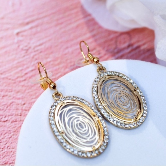 Camellia Flower Round Rhinestone Gold  Drop Earrings - Picture 6 of 13